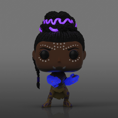 Figura Funko Pop personagem com cabelo trançado e detalhes roxos luminosos