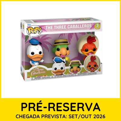 Três bonecos Funko Pop! The Three Caballeros em caixa de vinil com personagens Disney coloridos