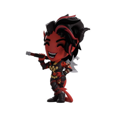 Figura colecionável de personagem demoníaco vermelho com chifres e machado