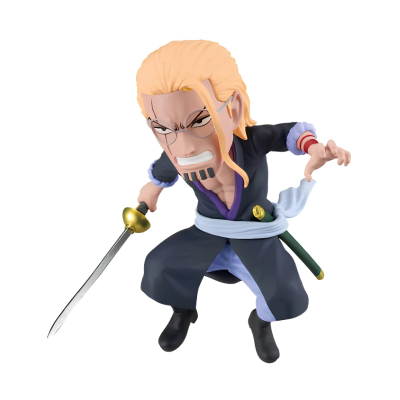 Figurine personagem loiro com espada e roupa preta e azul