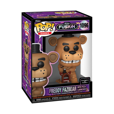 Figura Funko Pop Freddy Fazbear com lançador de pizza na embalagem roxa