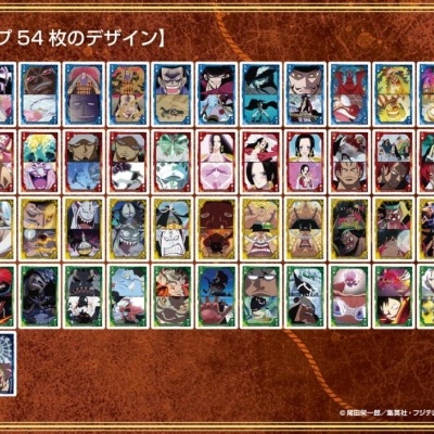 Conjunto de cartas de baralho com personagens de anime sobre fundo castanho texturizado