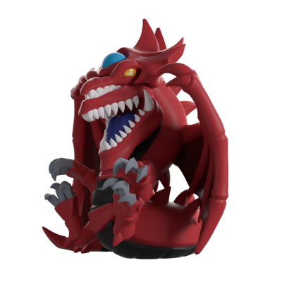 Figura de dragão vermelho estilizado com dentes afiados e garras cinzentas