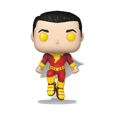 Figura Funko Pop do super-herói Shazam em traje vermelho e amarelo com capa branca
