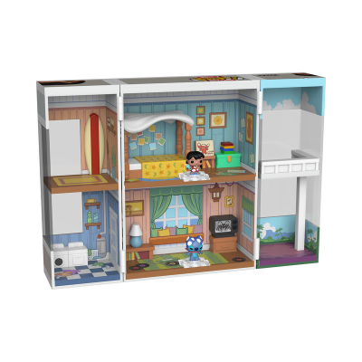 Conjunto de brinquedo casa com cozinha, quarto e terraço detalhados