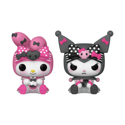 Duas figuras colecionáveis Funko Pop com temas em rosa, preto e branco