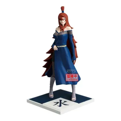 Figura colecionável de personagem feminina com vestido azul e cabelo vermelho em base com símbolo preto