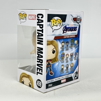 Embalagem Funko Pop! Captain Marvel Marvel Avengers 459 com ilustração da personagem e lista de figuras