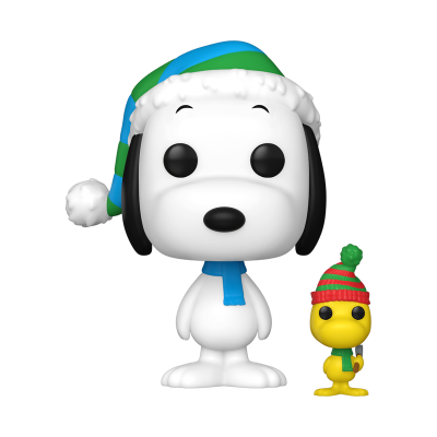 Figura colecionável de Snoopy e Woodstock com roupas de inverno coloridas.