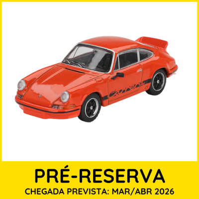 Miniatura de carro desportivo clássico laranja com texto PRÉ-RESERVA amarelo