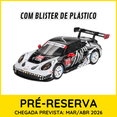 Modelo de carro de corrida miniatura branco e preto com detalhes vermelhos e número 77