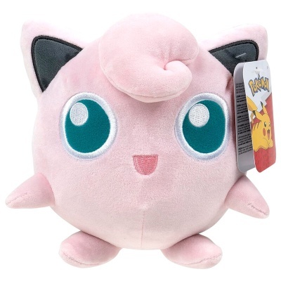 Pelúcia de Jigglypuff rosa com olhos grandes e etiqueta Pokémon