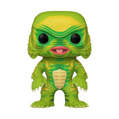 Boneco colecionável de vinil estilo Funko Pop de criatura verde e amarela com olhos grandes pretos