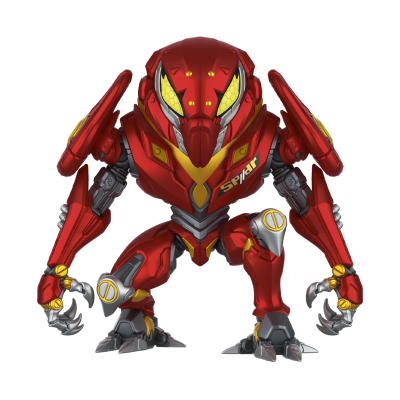 Figura robô articulada vermelha com detalhes amarelos e cinzentos e olhos com textura de favo