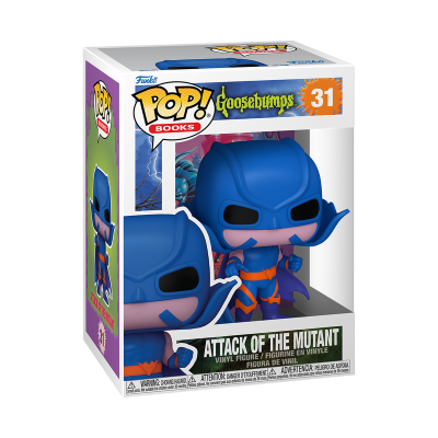 Figura Pop! Books Goosebumps azul e laranja Attack of the Mutant em embalagem