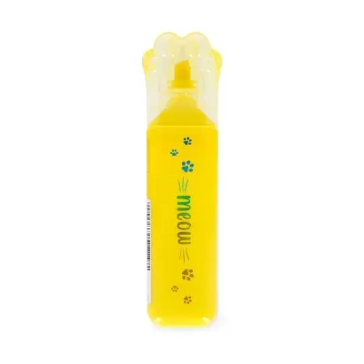 Frasco amarelo com tampa transparente em forma de pata e texto meow.