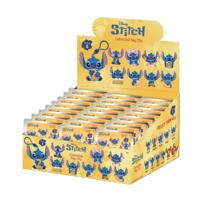 Expositor amarelo com vários chaveiros Disney Stitch colecionáveis em diferentes poses.