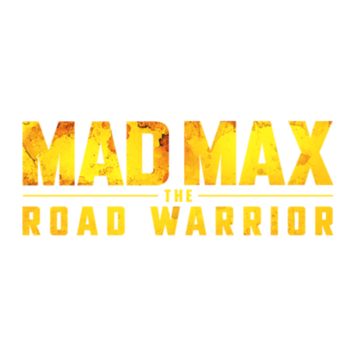 Texto MAD MAX THE ROAD WARRIOR em amarelo desgastado sobre branco