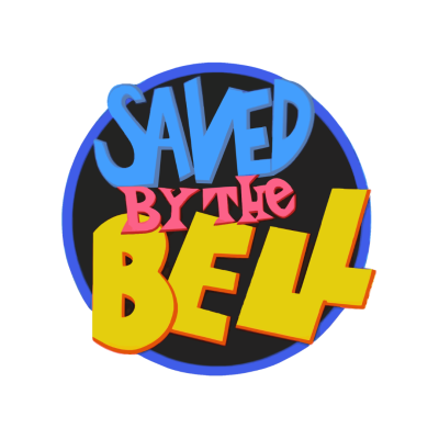 Logótipo colorido do programa Saved by the Bell num círculo preto e azul
