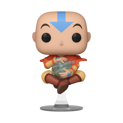 Figura de vinil Funko Pop de Aang de Avatar sentado segurando um item translúcido