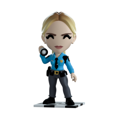 Figura decorativa de polícia feminina com uniforme azul e lanterna