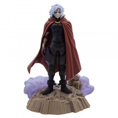Figura colecionável de personagem com capa vermelha e base decorativa