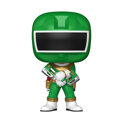 Figura Funko Pop personagem com fato verde e dourado, botas brancas e capacete verde com viseira preta