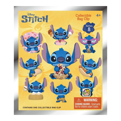 Pacote amarelo com bonecos Stitch da Disney segurando vários alimentos colecionáveis