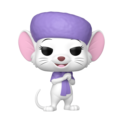 Figura colecionável de rato branco com boina e cachecol roxos