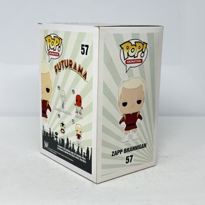 Caixa Funko Pop Zapp Brannigan FUTURAMA número 57 branca com ilustrações coloridas
