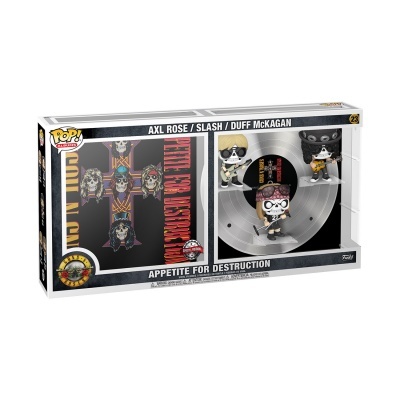 Conjunto Funko Pop! com figuras dos membros da banda Guns N' Roses e réplica do álbum Appetite for Destruction