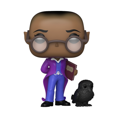 Figura Funko Pop de personagem com casaco roxo e corvo preto