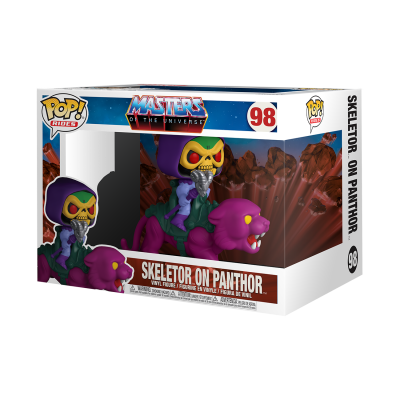 Boneco Skeletor montado em Panthor da coleção Masters of the Universe na embalagem original Pop! Rides.