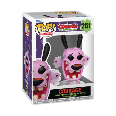Funko Pop de Courage The Cowardly Dog na caixa, cor rosa e preta