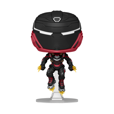 Figura Funko Pop de robô com capacete preto e vermelho em base transparente