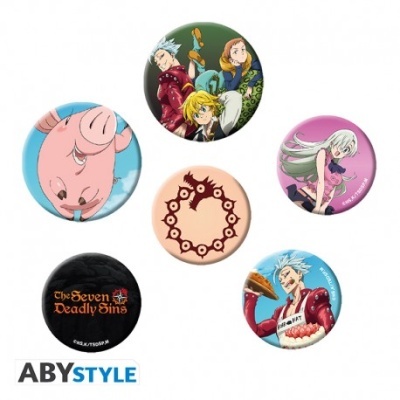 Seis pins redondos com personagens e símbolos da série The Seven Deadly Sins
