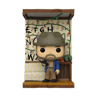 Figura Funko Pop de personagem com chapéu e arma em cenário decorado