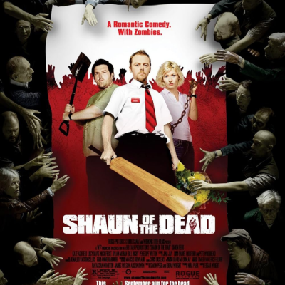 Cartaz do filme Shaun of the Dead com três personagens e zumbis ao redor