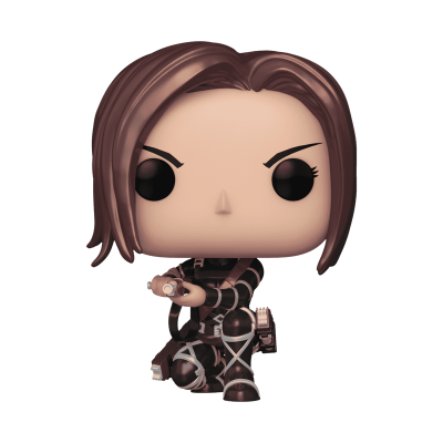 Figura Funko Pop de personagem tática de cabelo castanho em fato preto e cinza agachada com arma