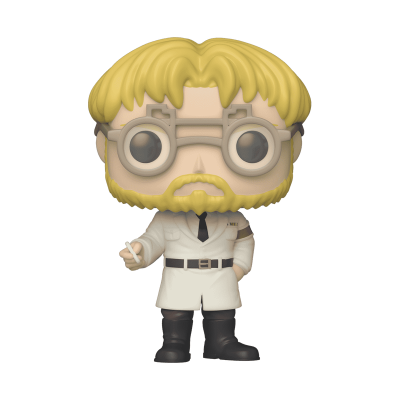 Figura colecionável estilizada com bata branca e óculos grandes