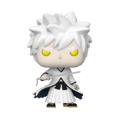 Figura colecionável de personagem com cabelo branco espetado e roupa branca tradicional