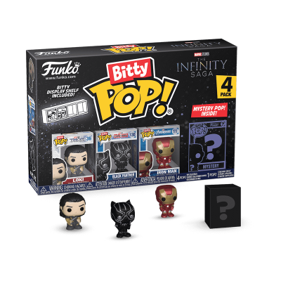 Caixa com 4 figuras Funko Bitty Pop da Marvel com embalagem preta.