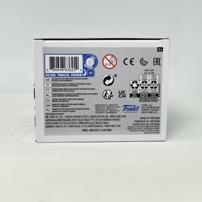 Embalagem branca com texto de segurança e reciclagem da Funko