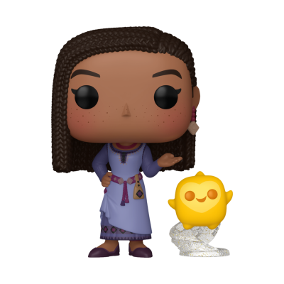 Figura Funko Pop de personagem feminina com vestido lilás e figura amarela ao lado
