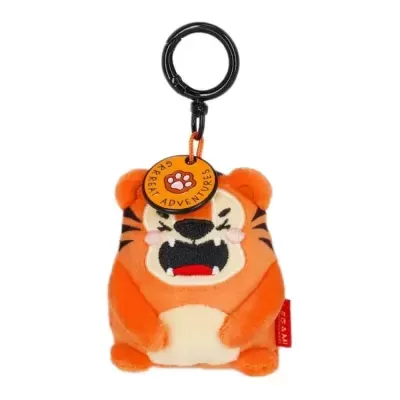 Chaveiro peluche tigre laranja com etiqueta e aro preto
