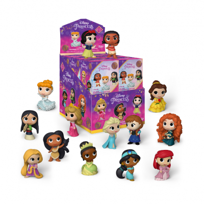 Miniaturas de princesas Disney coloridas em estilo cartoon com caixa lilás