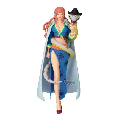 Figura colecionável de uma mulher de vestido azul com cobra branca e chapéu preto