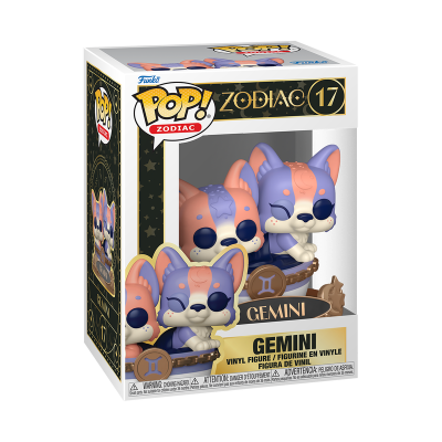 Caixa Funko Pop Zodiac Gemini com figura de vinil azul e rosa.