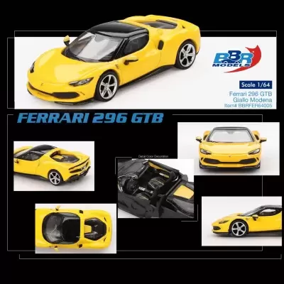 Miniatura Ferrari 296 GTB amarela com teto preto em várias perspetivas sobre fundo branco