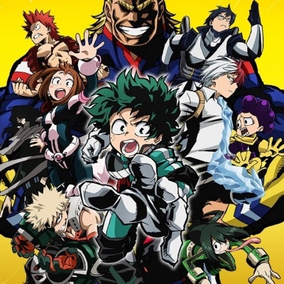Personagens de anime My Hero Academia em traje de batalha com fundo amarelo vibrante